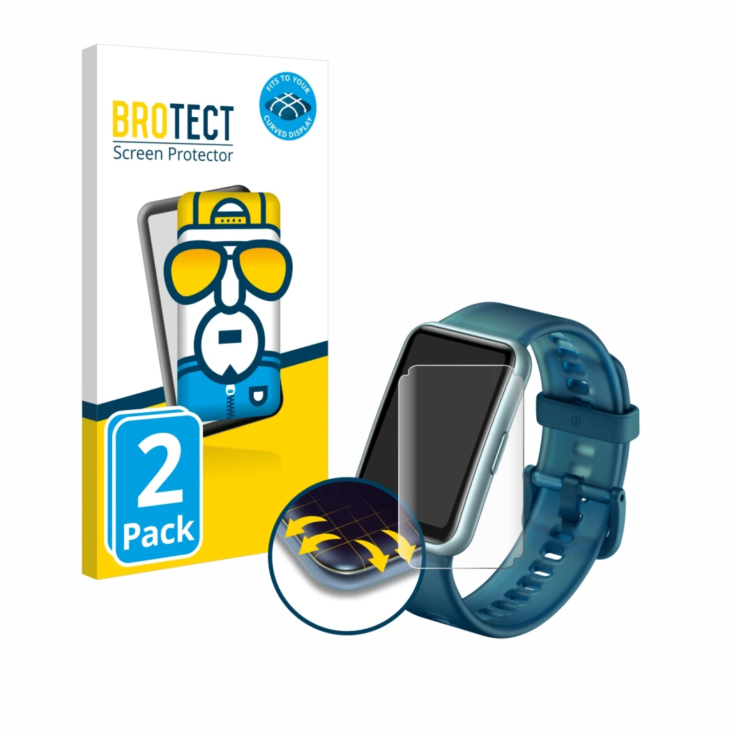 Face avant d’un emballage produit avec le logo de la marque BROTECT. À côté, l’appareil Huawei Watch Fit Special Edition est r