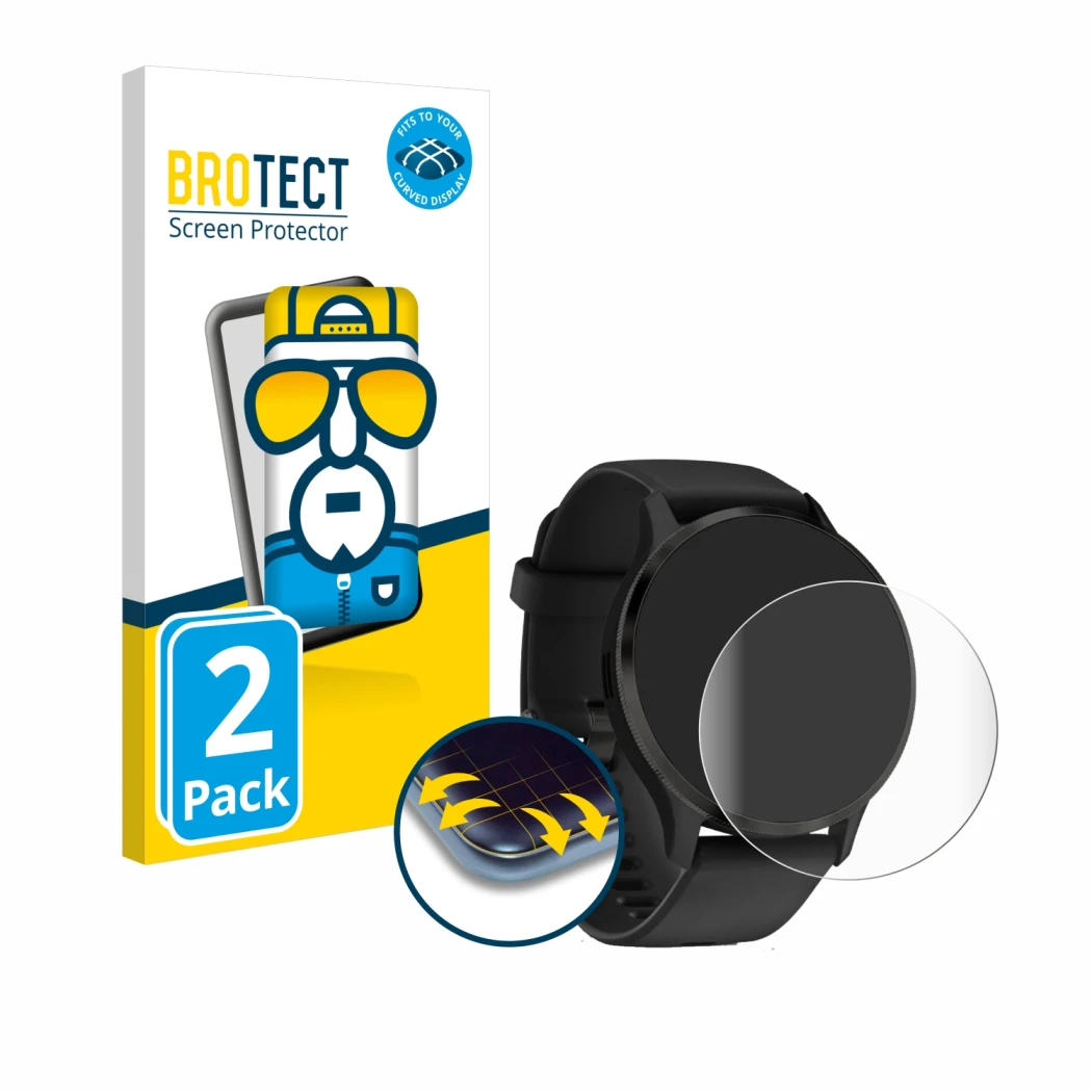 Face avant d’un emballage produit avec le logo de la marque BROTECT. À côté, l’appareil Garmin Venu 3 est représenté avec la p