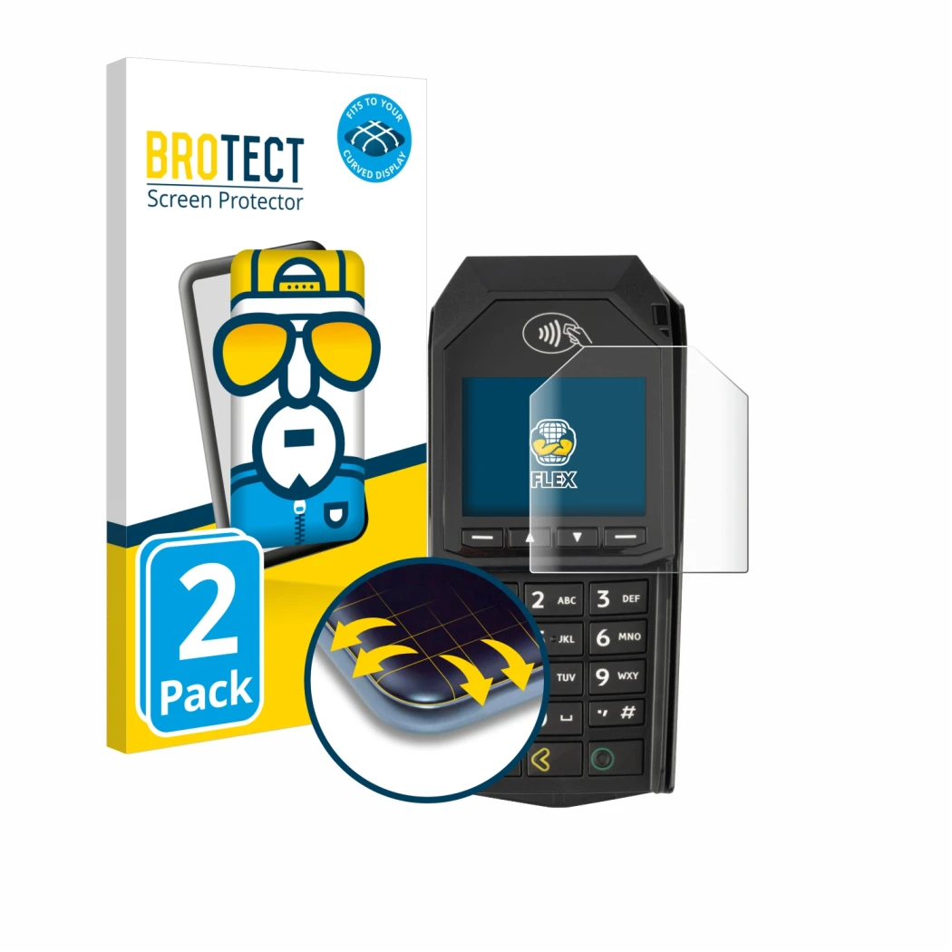 Face avant d’un emballage produit avec le logo de la marque BROTECT. À côté, l’appareil ingenico Lane/3000 (non-touch) est rep