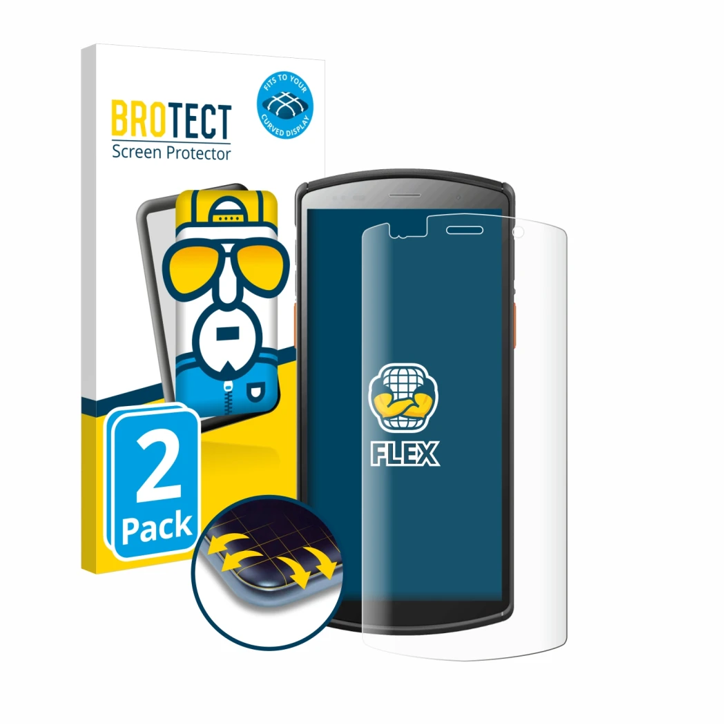 Face avant d’un emballage produit avec le logo de la marque BROTECT. À côté, l’appareil Urovo DT50 5,7