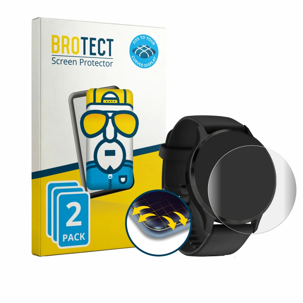 Face avant d’un emballage produit avec le logo de la marque BROTECT. À côté, l’appareil Garmin Venu 3S est représenté avec la 