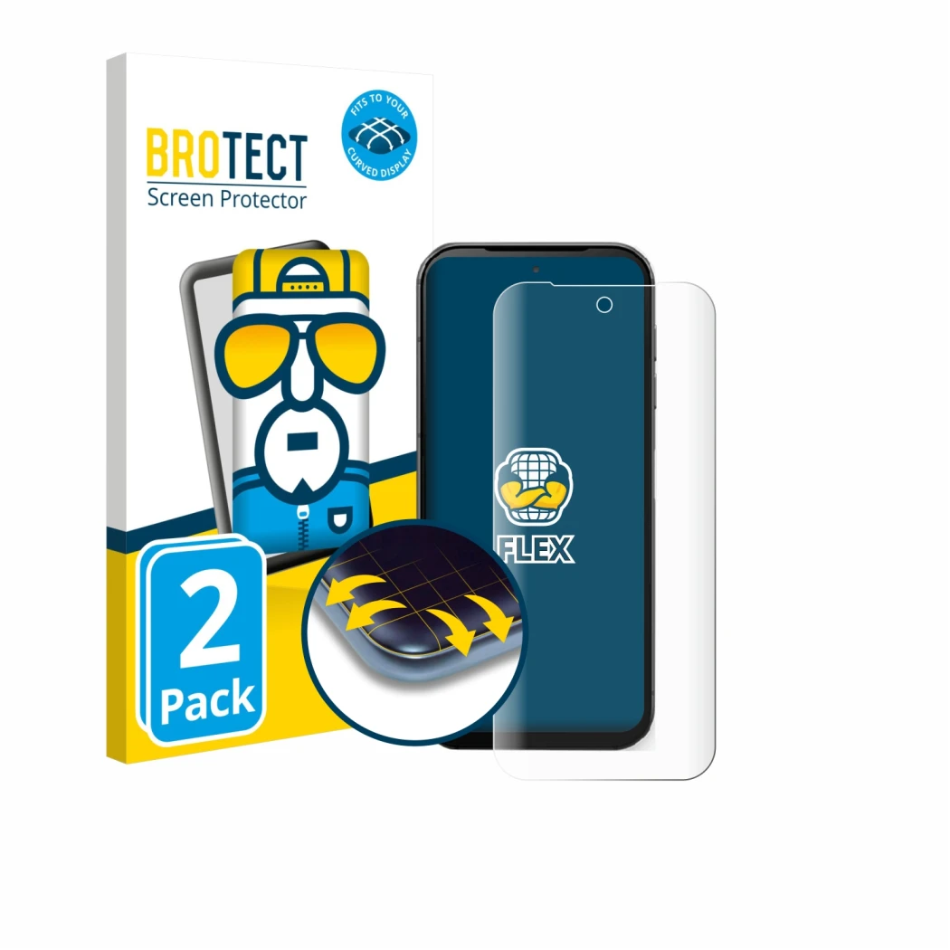 Face avant d’un emballage produit avec le logo de la marque BROTECT. À côté, l’appareil Fairphone 5 est représenté avec la pro