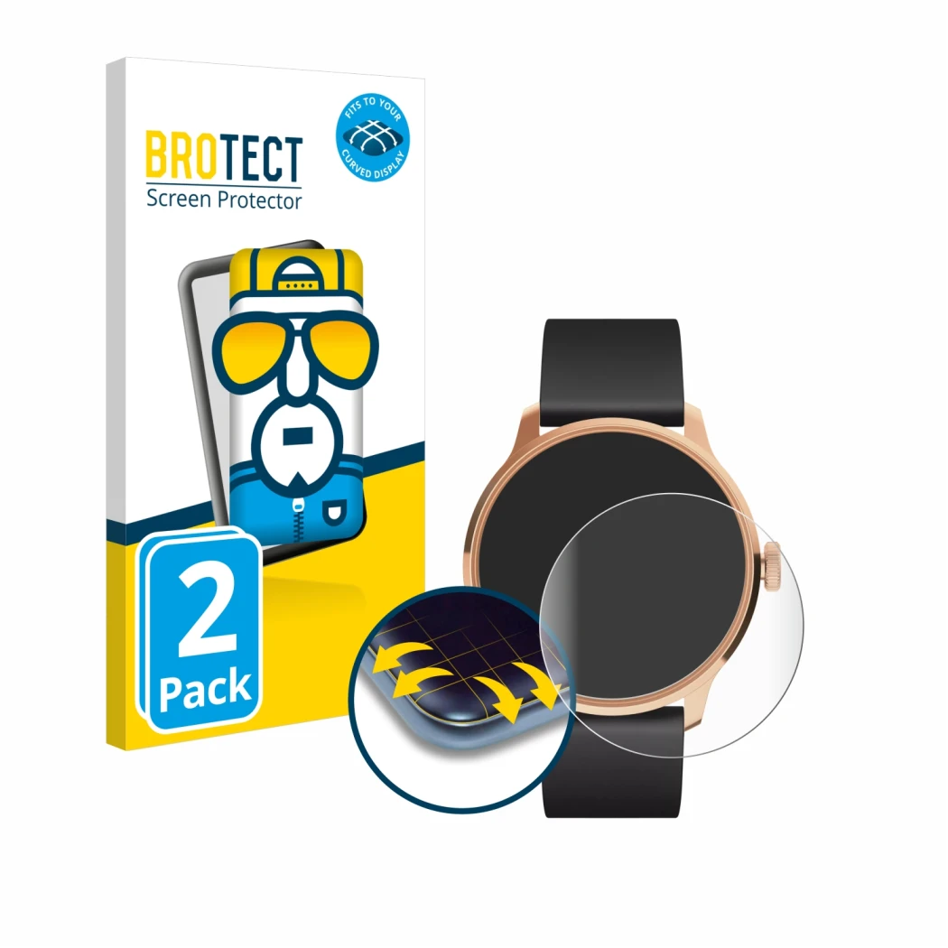 Face avant d’un emballage produit avec le logo de la marque BROTECT. À côté, l’appareil Withings ScanWatch Light est représent
