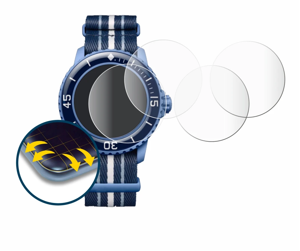 Image de l'appareil Blancpain x Swatch Scuba Fifty Fathoms avec une grande variété de protections d'écran.