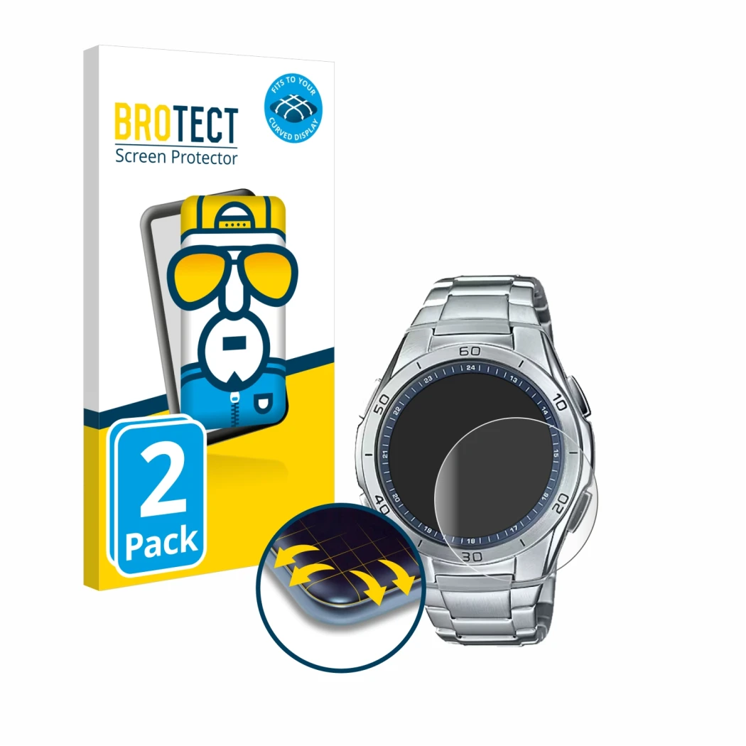 Face avant d’un emballage produit avec le logo de la marque BROTECT. À côté, l’appareil Casio WVA-M650D-2A est représenté avec