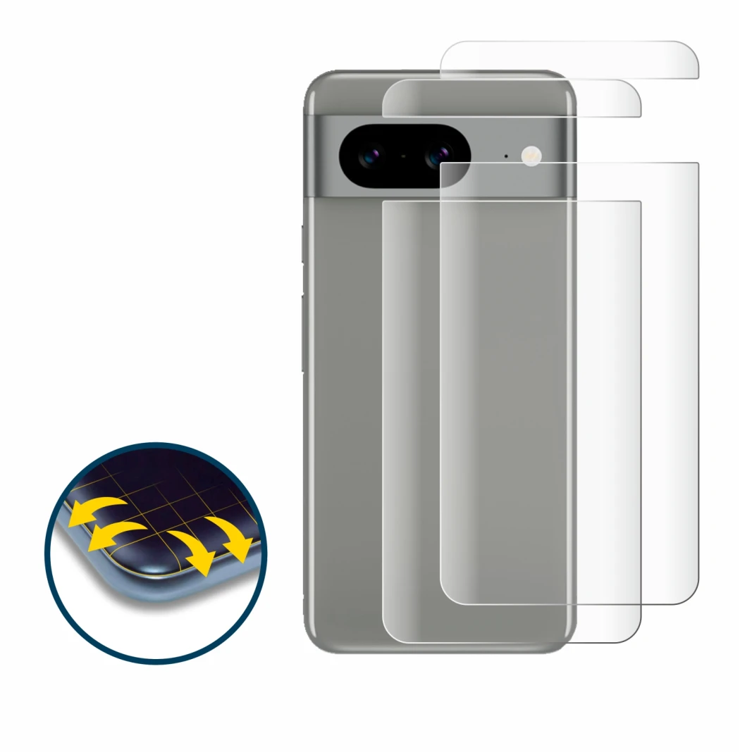 Image de l'appareil Google Pixel 8 (Arrière) avec une grande variété de protections d'écran.