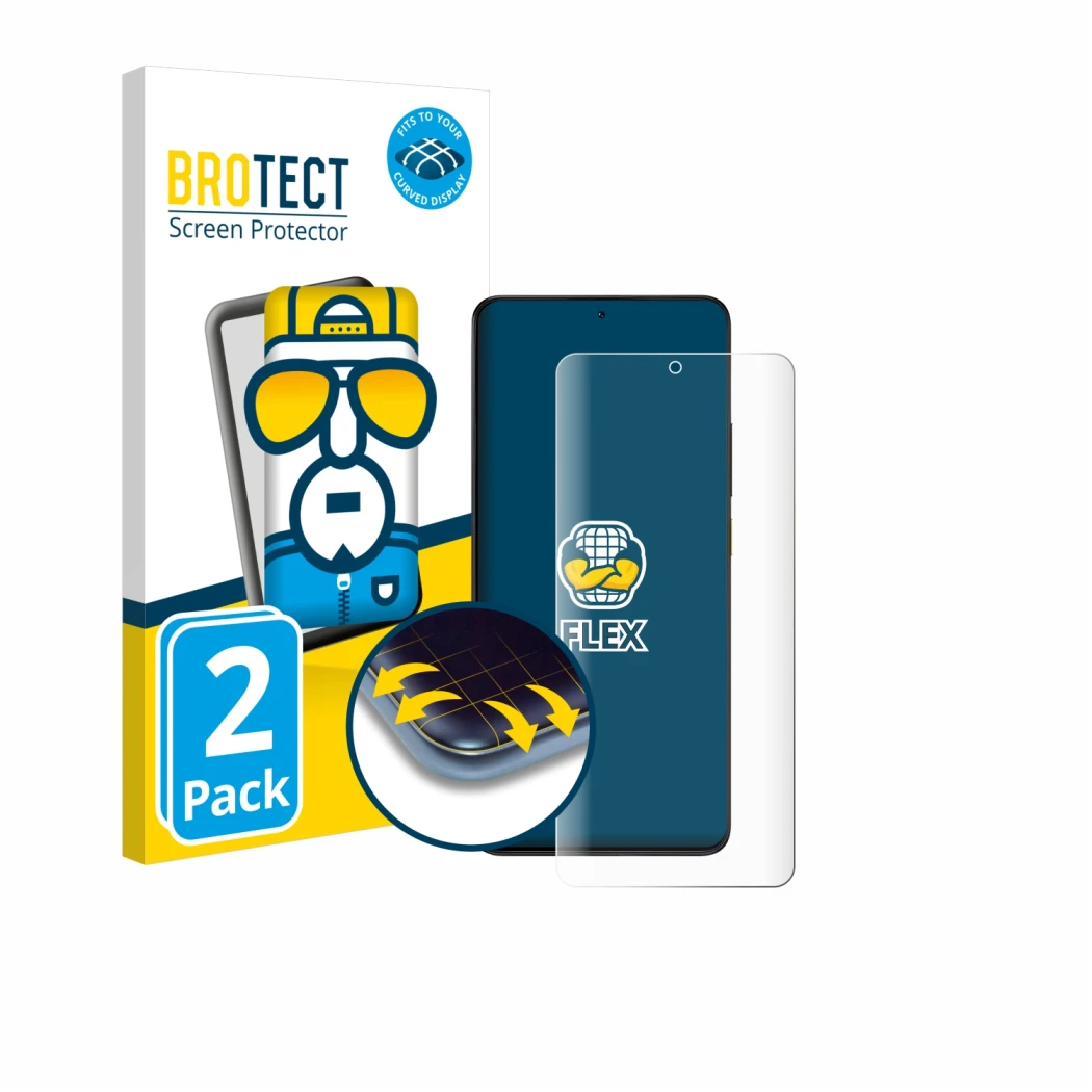 Face avant d’un emballage produit avec le logo de la marque BROTECT. À côté, l’appareil Xiaomi Poco X6 Pro est représenté avec