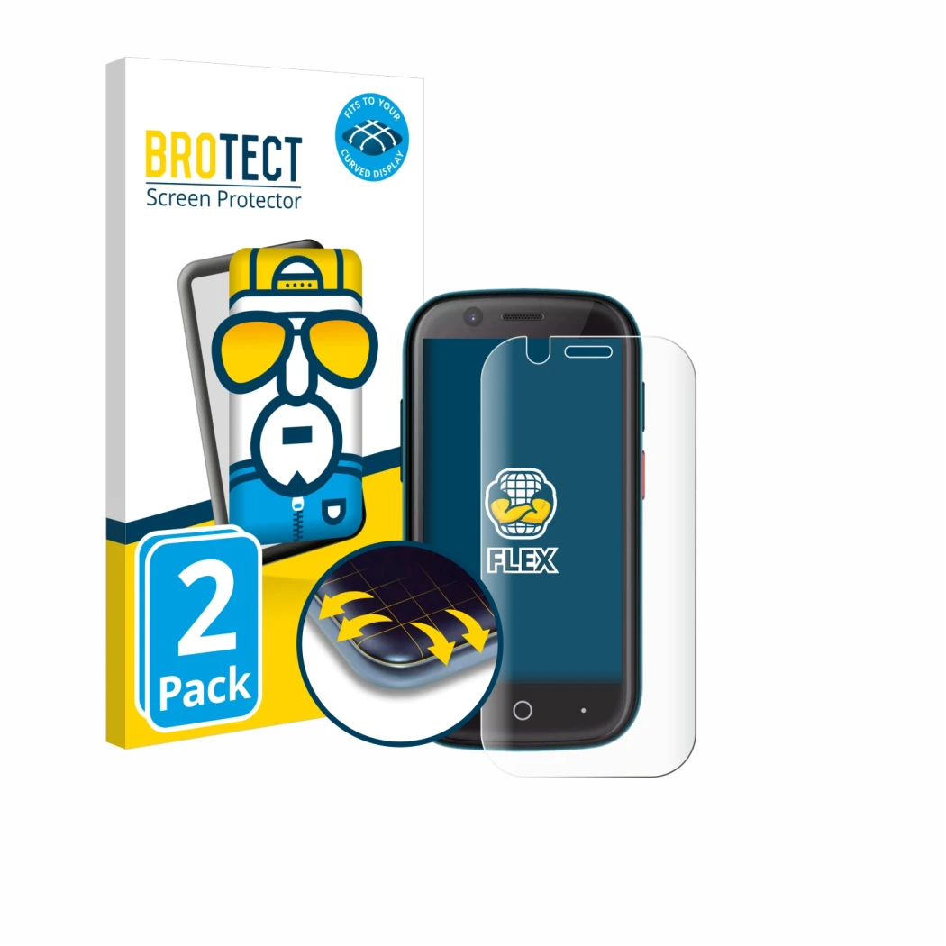 Face avant d’un emballage produit avec le logo de la marque BROTECT. À côté, l’appareil Unihertz Jelly 2E est représenté avec 