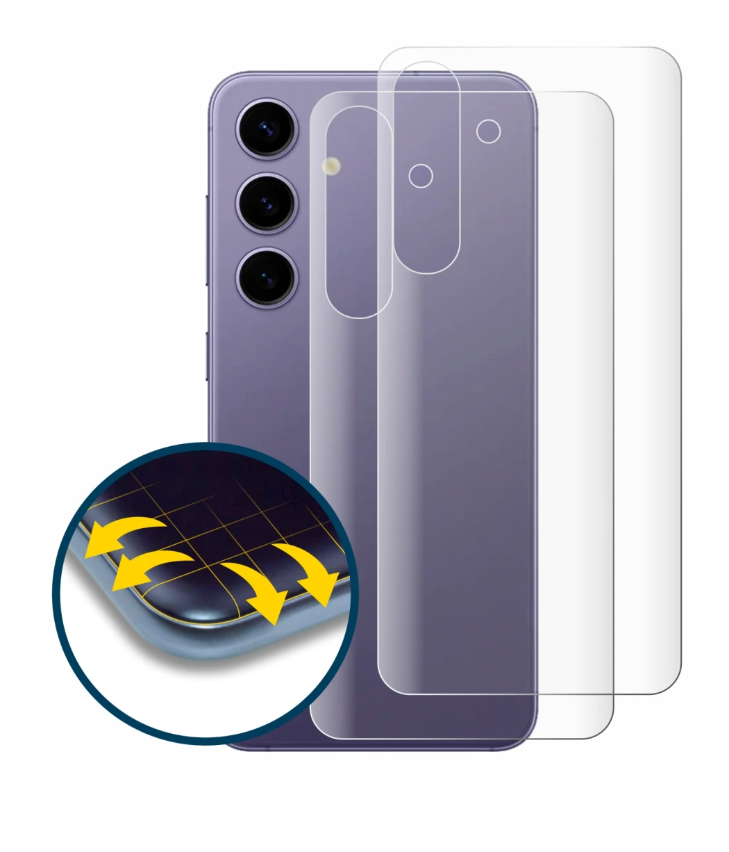 Image de l'appareil Samsung Galaxy S24 (Arrière) avec une grande variété de protections d'écran.