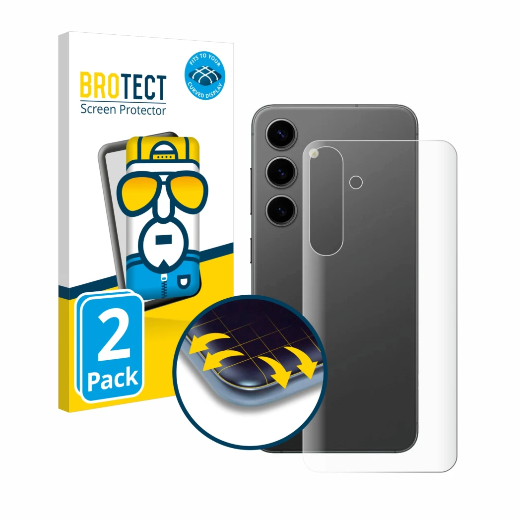 Face avant d’un emballage produit avec le logo de la marque BROTECT. À côté, l’appareil Samsung Galaxy S24 Plus (Arrière) est 