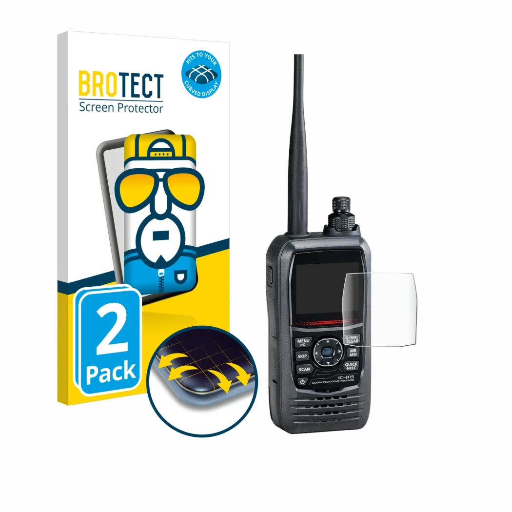 Face avant d’un emballage produit avec le logo de la marque BROTECT. À côté, l’appareil Icom IC-R15 est représenté avec la pro