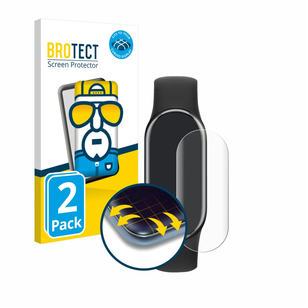 Face avant d’un emballage produit avec le logo de la marque BROTECT. À côté, l’appareil Xiaomi Smart Band 8 est représenté ave