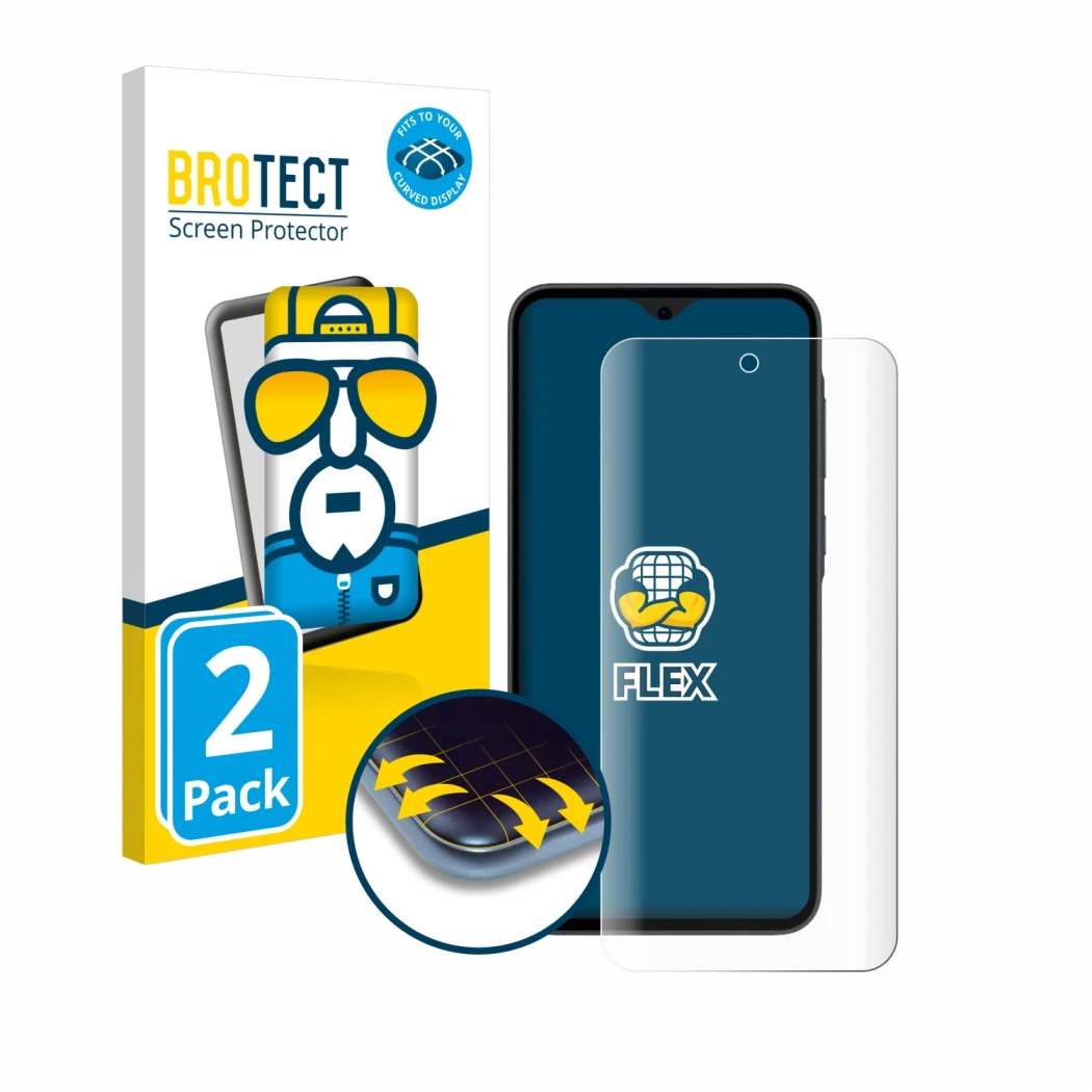 Face avant d’un emballage produit avec le logo de la marque BROTECT. À côté, l’appareil Samsung Galaxy A35 5G est représenté a