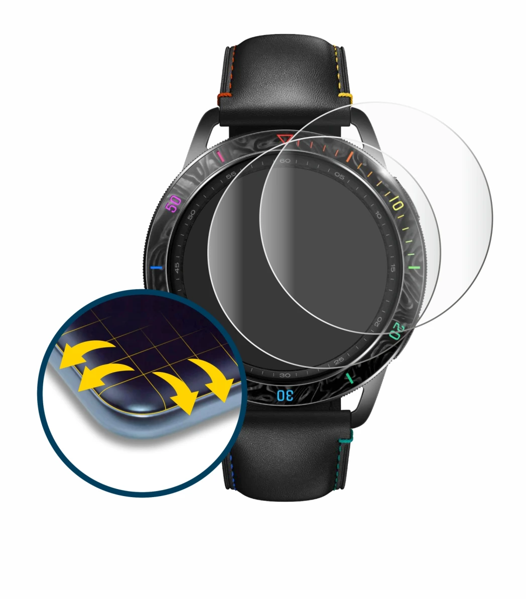 Image de l'appareil Xiaomi Watch S3 avec une grande variété de protections d'écran.