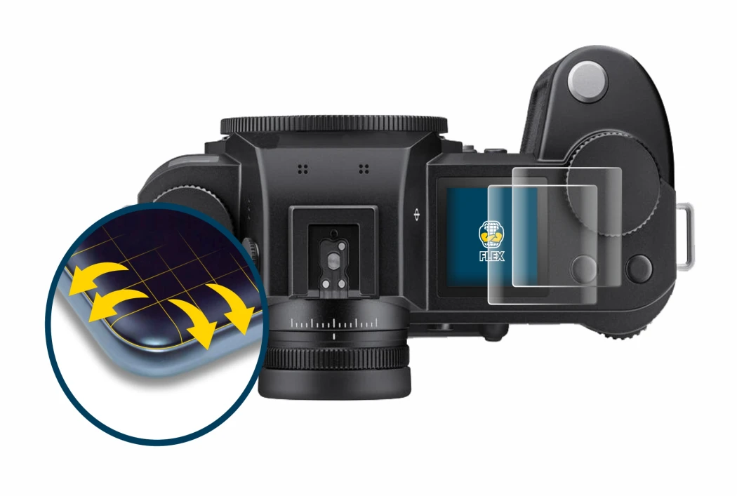 Image de l'appareil Leica SL3 (affichage des épaules) avec une grande variété de protections d'écran.