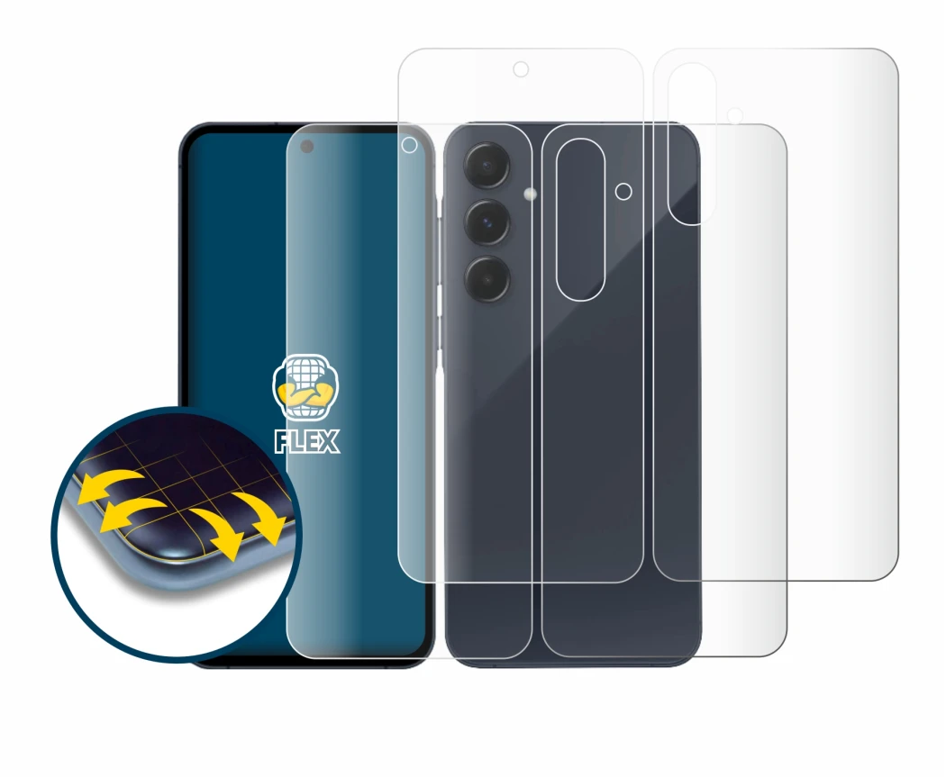 Image de l'appareil Samsung Galaxy A35 5G (Avant+Arrière) avec une grande variété de protections d'écran.