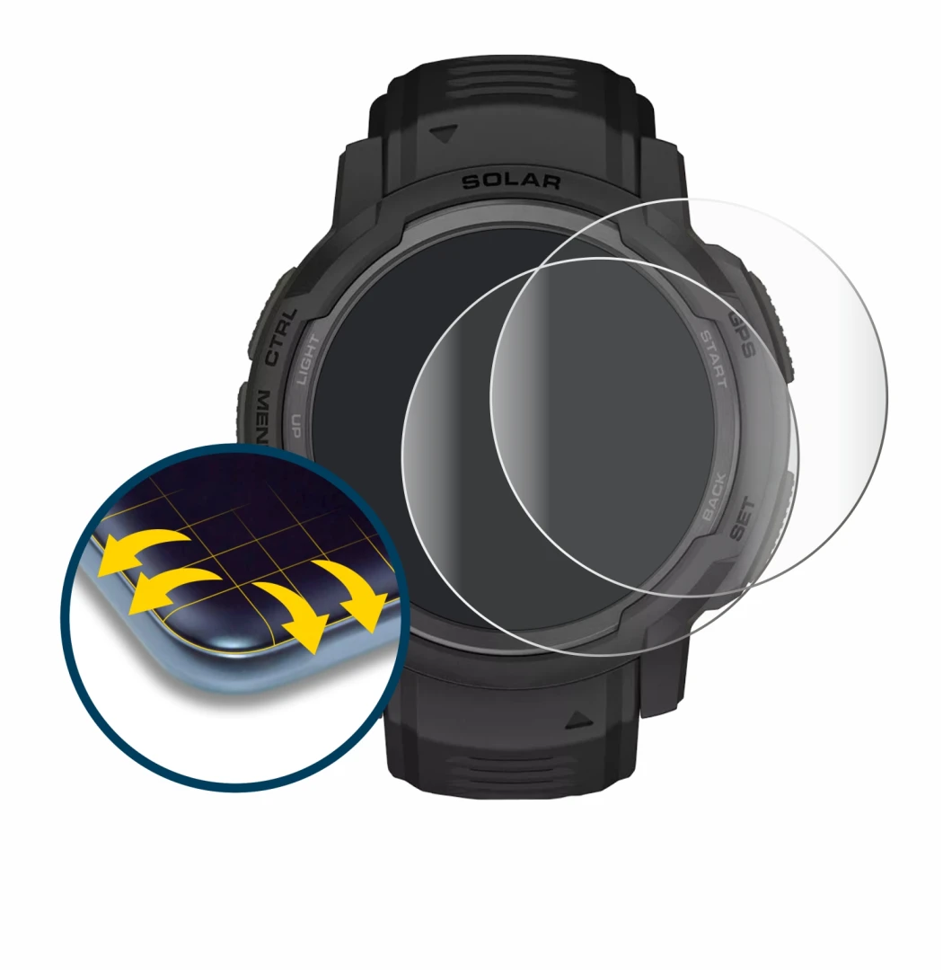 Image de l'appareil Garmin Instinct Crossover Solar avec une grande variété de protections d'écran.