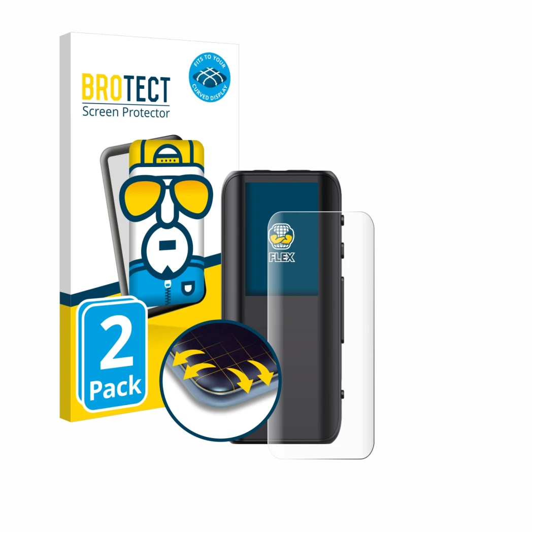 Face avant d’un emballage produit avec le logo de la marque BROTECT. À côté, l’appareil FiiO BTR15 est représenté avec la prot