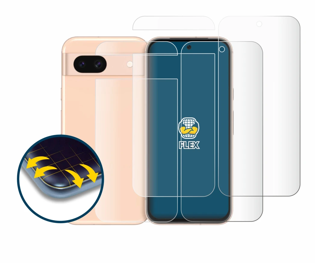 Image de l'appareil Google Pixel 8a (Avant+Arrière) avec une grande variété de protections d'écran.