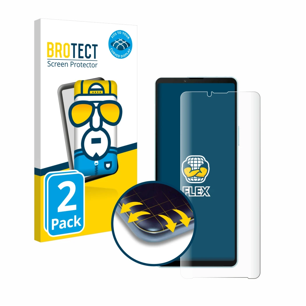 Face avant d’un emballage produit avec le logo de la marque BROTECT. À côté, l’appareil Sony Xperia 10 VI est représenté avec 