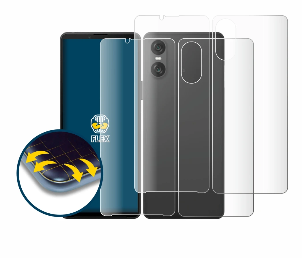 Image de l'appareil Sony Xperia 10 VI (Avant+Arrière) avec une grande variété de protections d'écran.