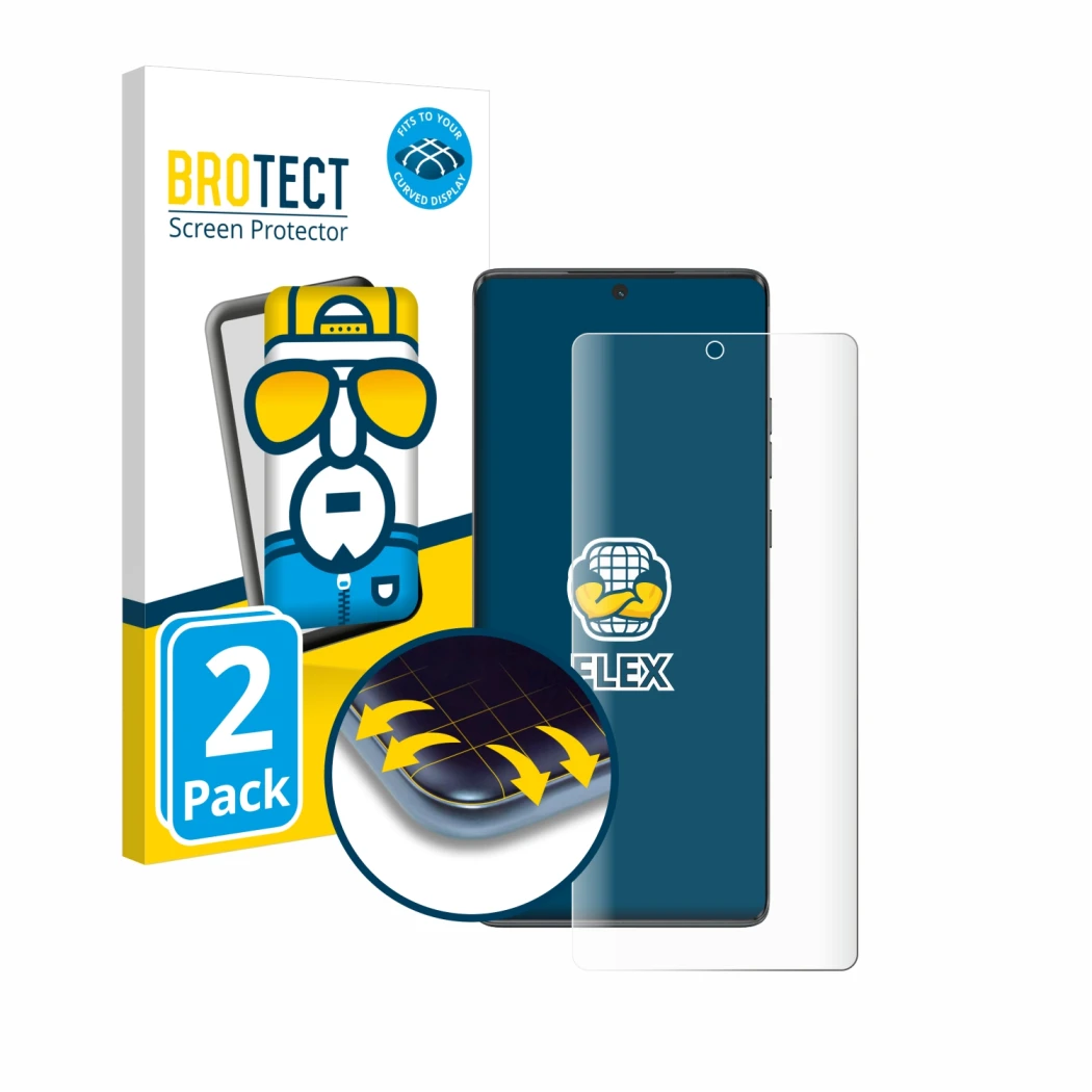 Face avant d’un emballage produit avec le logo de la marque BROTECT. À côté, l’appareil Motorola Moto G85 est représenté avec 