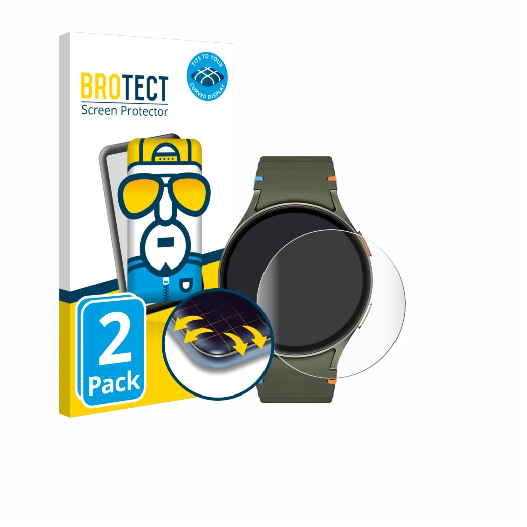 Face avant d’un emballage produit avec le logo de la marque BROTECT. À côté, l’appareil Samsung Galaxy Watch 7 (44 mm) est rep
