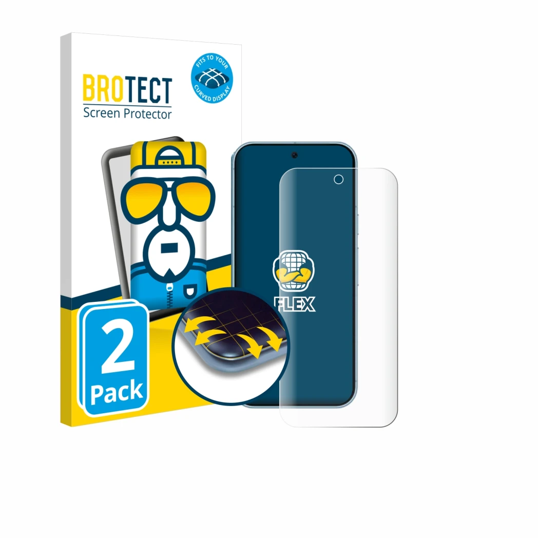 Face avant d’un emballage produit avec le logo de la marque BROTECT. À côté, l’appareil Google Pixel 9 Pro est représenté avec