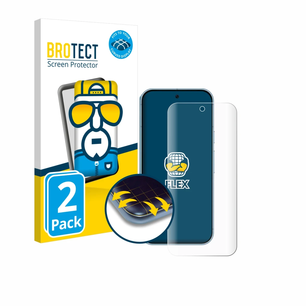 Face avant d’un emballage produit avec le logo de la marque BROTECT. À côté, l’appareil Google Pixel 9 Pro XL est représenté a