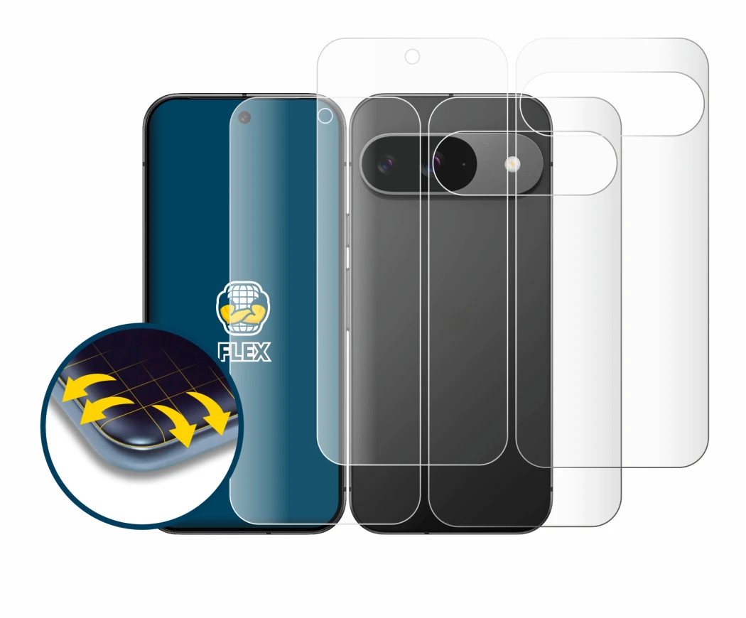 Image de l'appareil Google Pixel 9 (Avant+Arrière) avec une grande variété de protections d'écran.