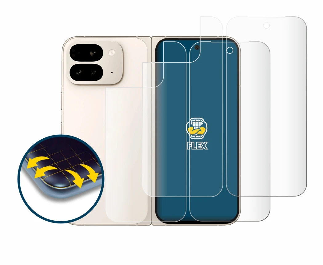 Image de l'appareil Google Pixel 9 Pro Fold (Avant+Arrière) avec une grande variété de protections d'écran.
