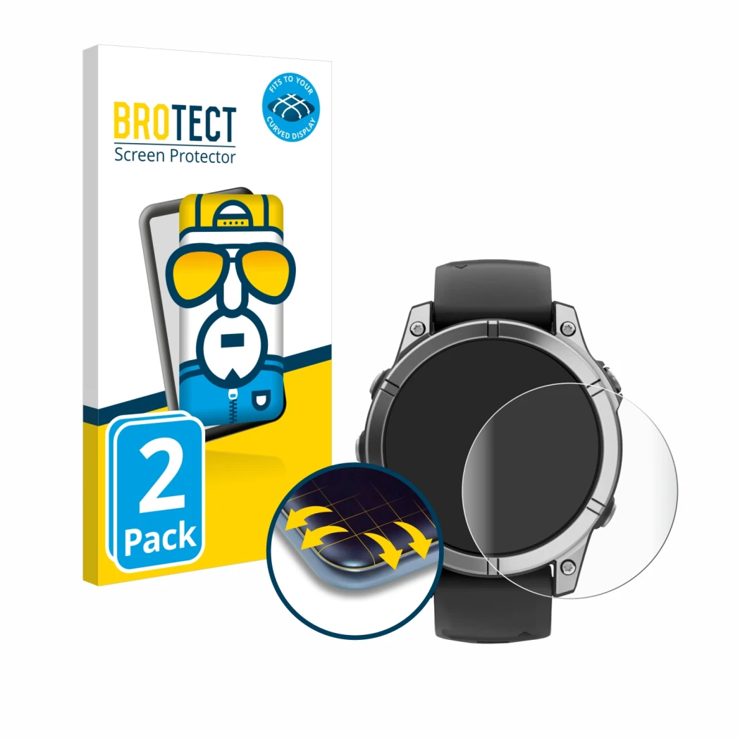 Face avant d’un emballage produit avec le logo de la marque BROTECT. À côté, l’appareil Garmin Fenix E est représenté avec la