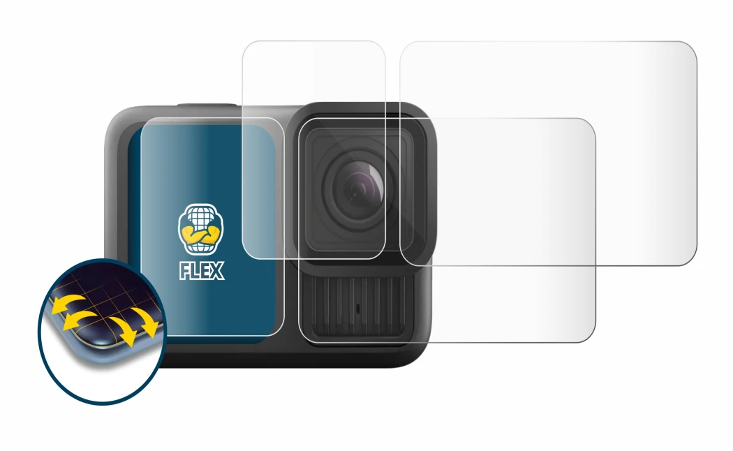 Image de l'appareil GoPro Hero 13 Black avec une grande variété de protections d'écran.