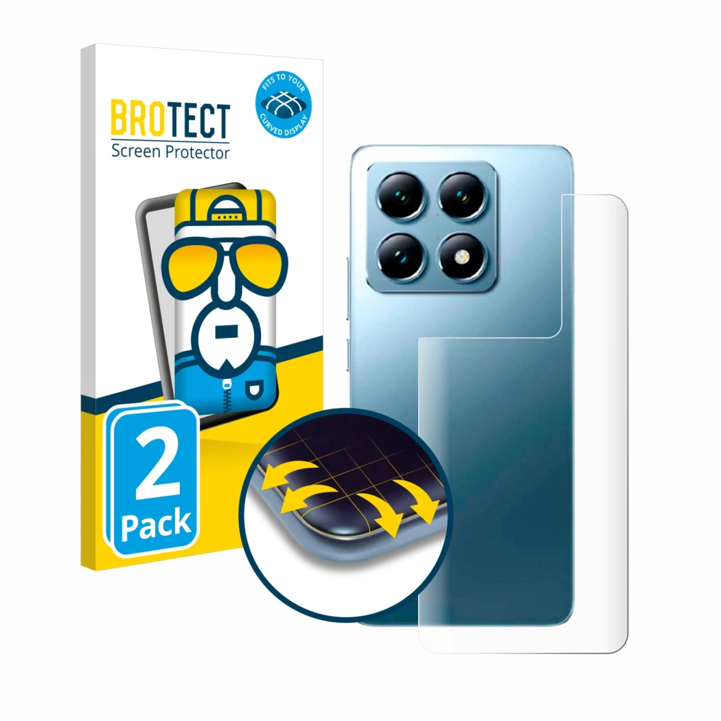 Face avant d’un emballage produit avec le logo de la marque BROTECT. À côté, l’appareil Xiaomi 14T Pro (Arrière) est représent