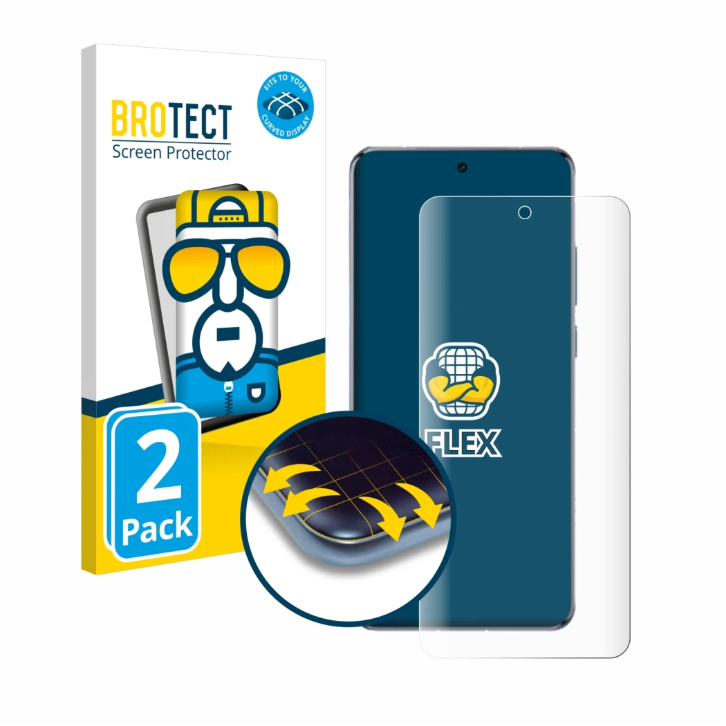 Face avant d’un emballage produit avec le logo de la marque BROTECT. À côté, l’appareil Vivo X200 Pro est représenté avec la p