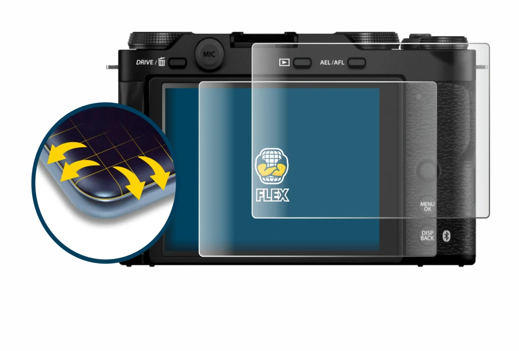 Image de l'appareil Fujifilm X-M5 avec une grande variété de protections d'écran.