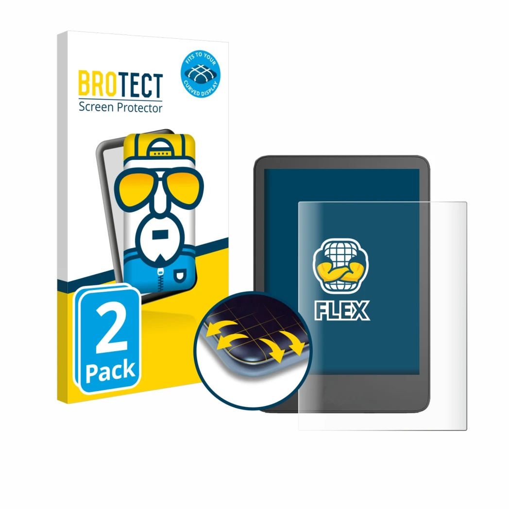 Face avant d’un emballage produit avec le logo de la marque BROTECT. À côté, l’appareil Amazon Kindle 2024 est représenté avec