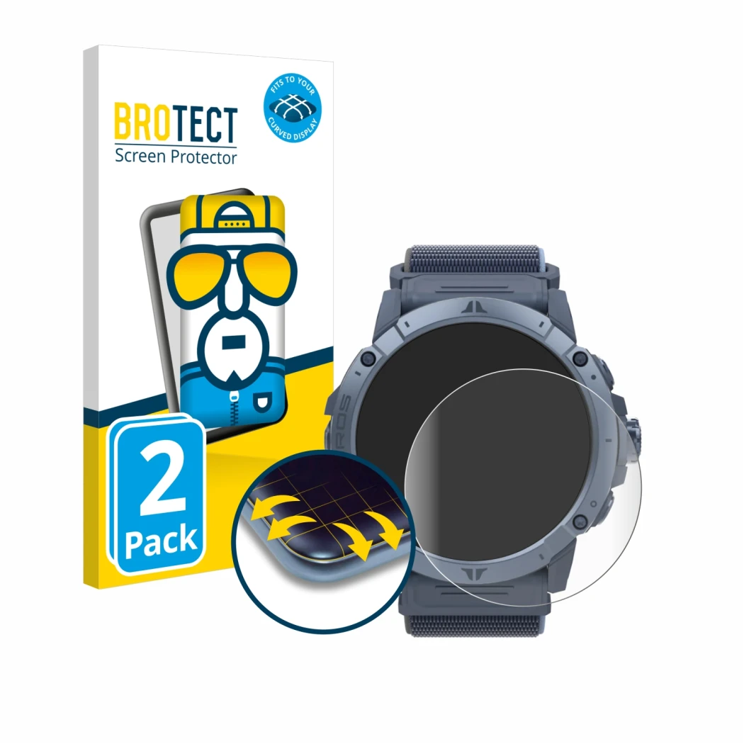 Face avant d’un emballage produit avec le logo de la marque BROTECT. À côté, l’appareil Coros Vertix 2S est représenté avec la