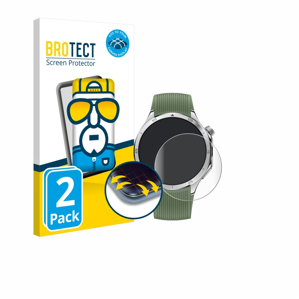 Face avant d’un emballage produit avec le logo de la marque BROTECT. À côté, l’appareil OnePlus Watch 3 est représenté avec la