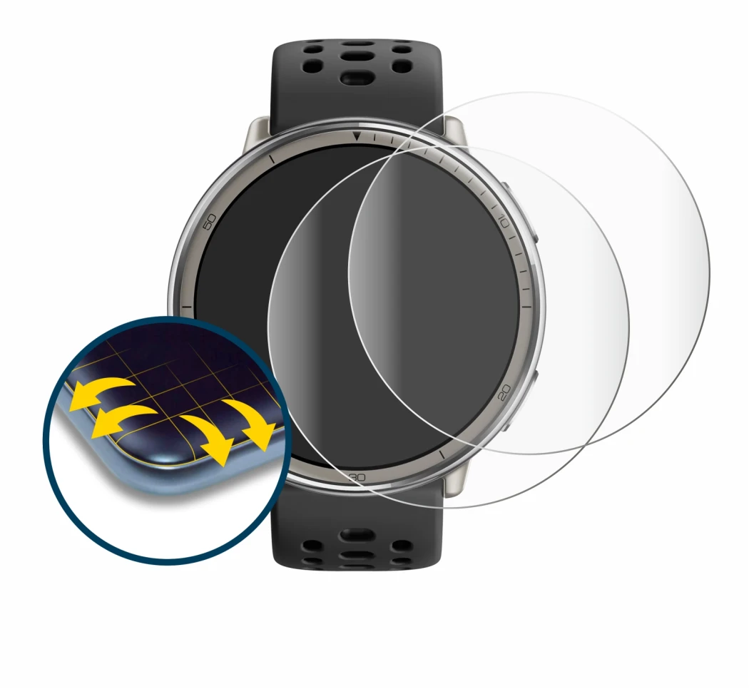 Image de l'appareil Amazfit Active 2 avec une grande variété de protections d'écran.