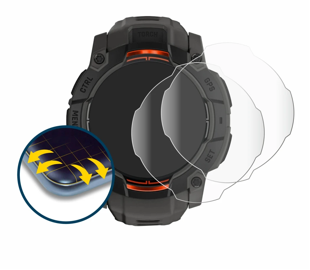 Image de l'appareil Garmin Instinct 3 Solar (45 mm) avec une grande variété de protections d'écran.