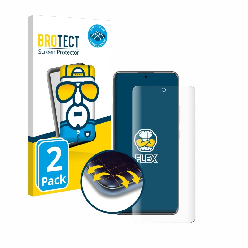 Face avant d’un emballage produit avec le logo de la marque BROTECT. À côté, l’appareil Xiaomi Poco X7 est représenté avec la 