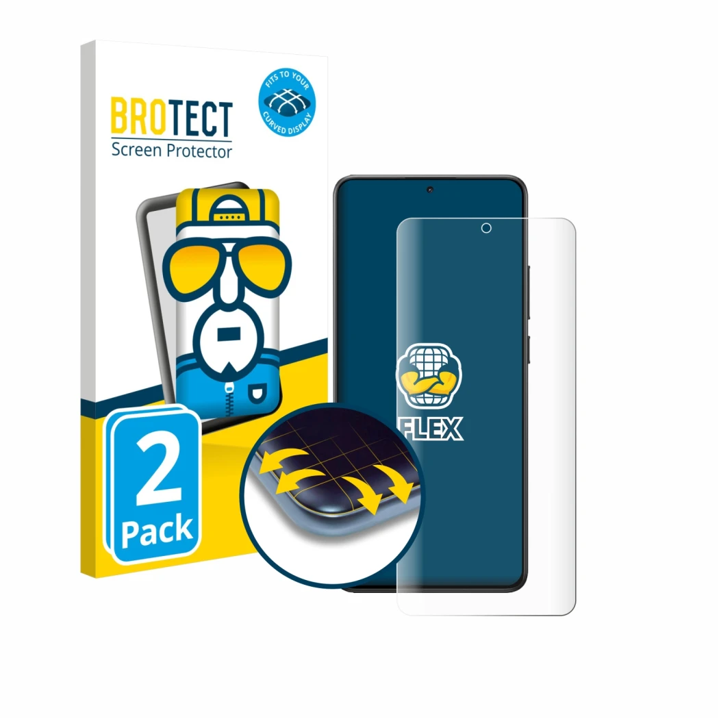 Face avant d’un emballage produit avec le logo de la marque BROTECT. À côté, l’appareil Xiaomi Poco X7 Pro est représenté avec