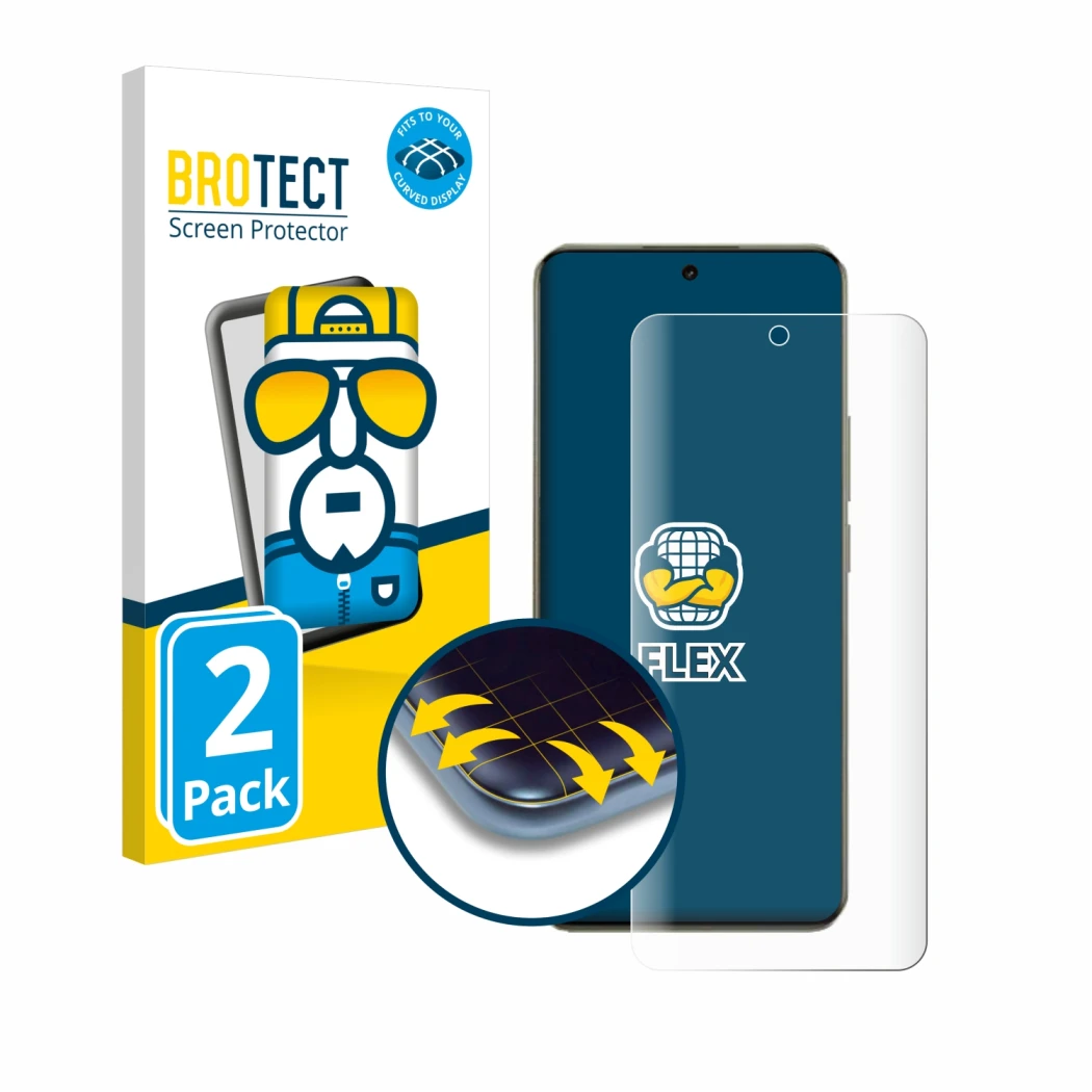 Face avant d’un emballage produit avec le logo de la marque BROTECT. À côté, l’appareil realme 14 Pro Plus est représenté avec