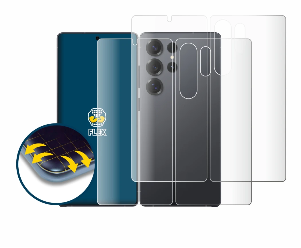 Image de l'appareil Samsung Galaxy S25 Ultra (Avant+Arrière) avec une grande variété de protections d'écran.