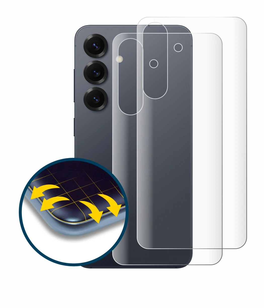 Image de l'appareil Samsung Galaxy S25 (Arrière) avec une grande variété de protections d'écran.