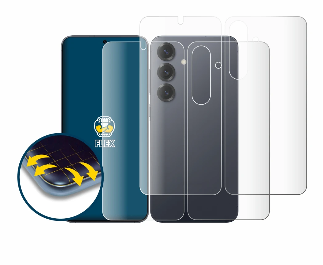 Image de l'appareil Samsung Galaxy S25 (Avant+Arrière) avec une grande variété de protections d'écran.