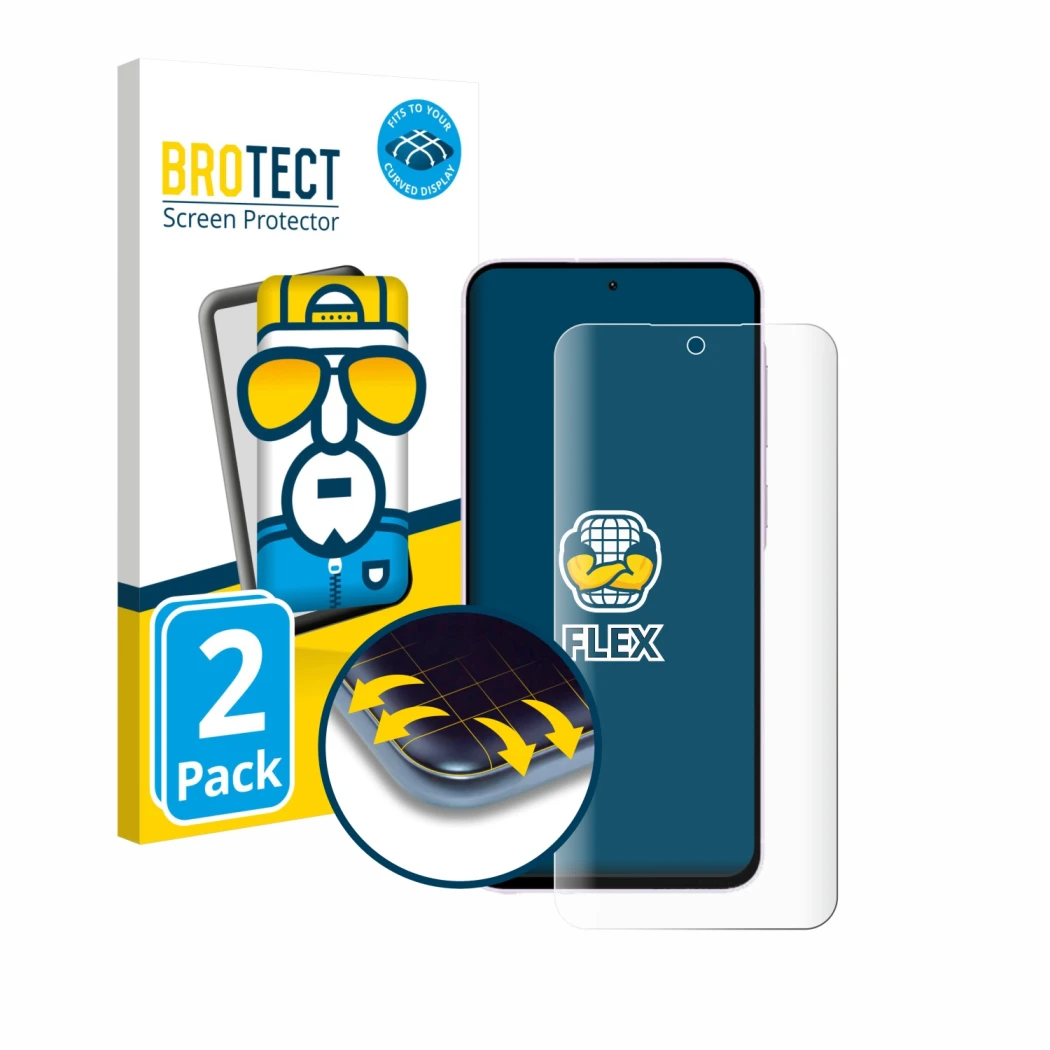 Face avant d’un emballage produit avec le logo de la marque BROTECT. À côté, l’appareil Samsung Galaxy A56 5G est représenté a