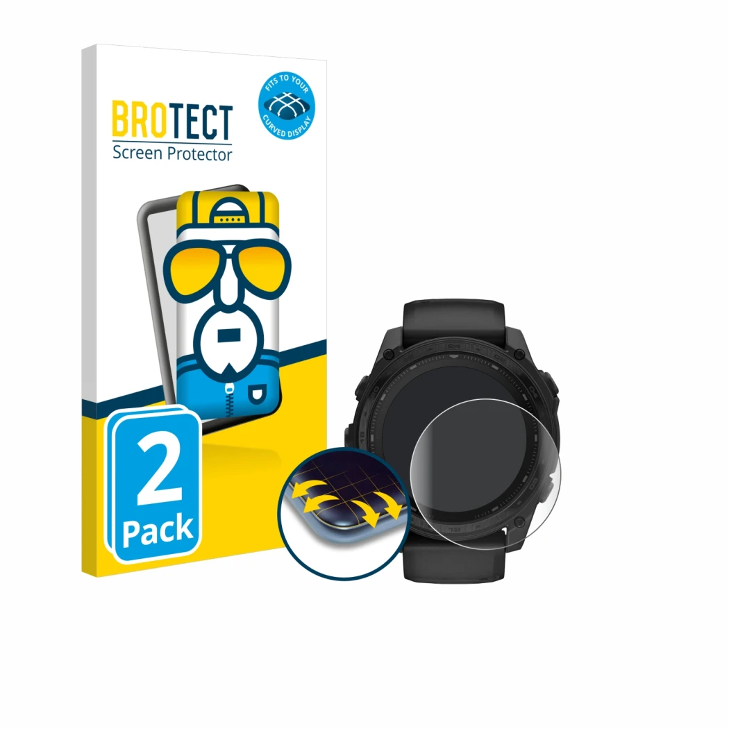 Face avant d’un emballage produit avec le logo de la marque BROTECT. À côté, l’appareil Garmin Tactix 8 Solar (51 mm) est repr