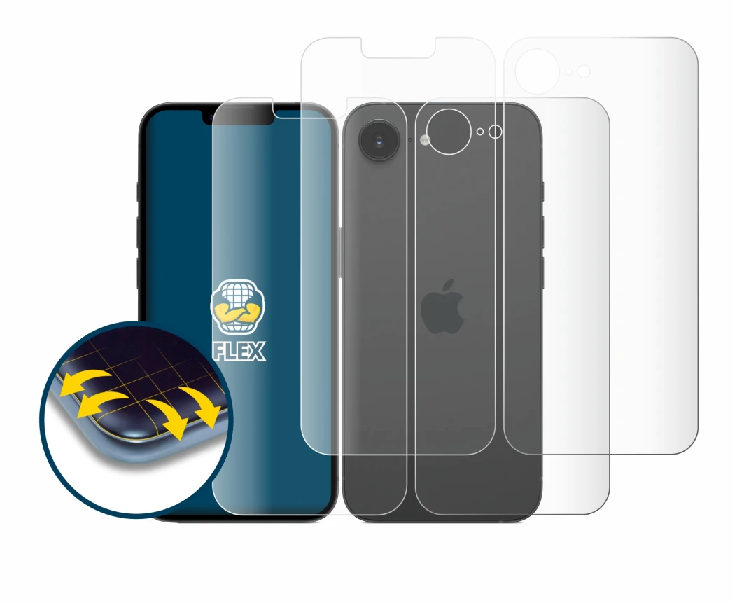 Image de l'appareil Apple iPhone 16e (Avant+Arrière) avec une grande variété de protections d'écran.